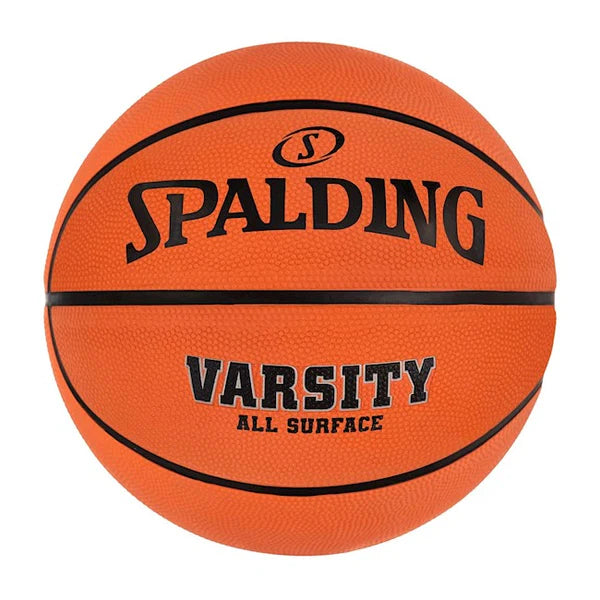 Orange basketball with Spalding logo and 'Varsity All Surface' text on a white background