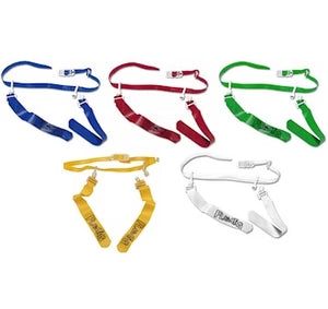 set of blue, red, green, golden and white Flag-A-Tag Sonic Flag Belt on white background