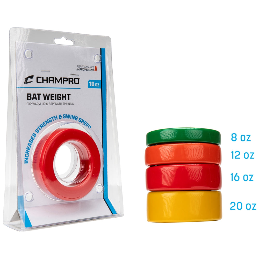 Champro bat weight packaging with colorful weights on a white background