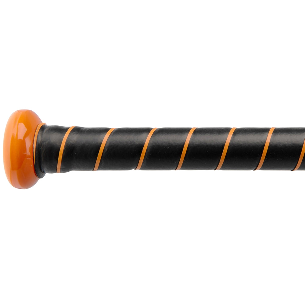 close up of Orange and black Pro Trainer baseball bat handle on a white background