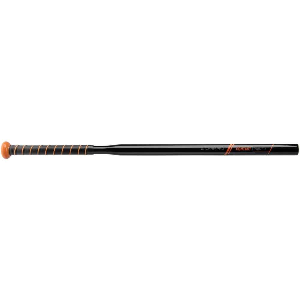 Black Contact Trainer baseball bat with orange accents on a white background