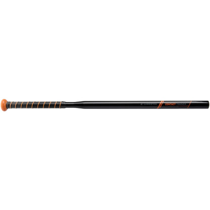 Black Contact Trainer baseball bat with orange accents on a white background