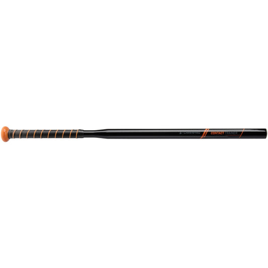 Black Contact Trainer baseball bat with orange accents on a white background