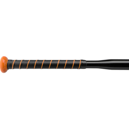 close up of Black Contact Trainer baseball bat with orange accents on a white background