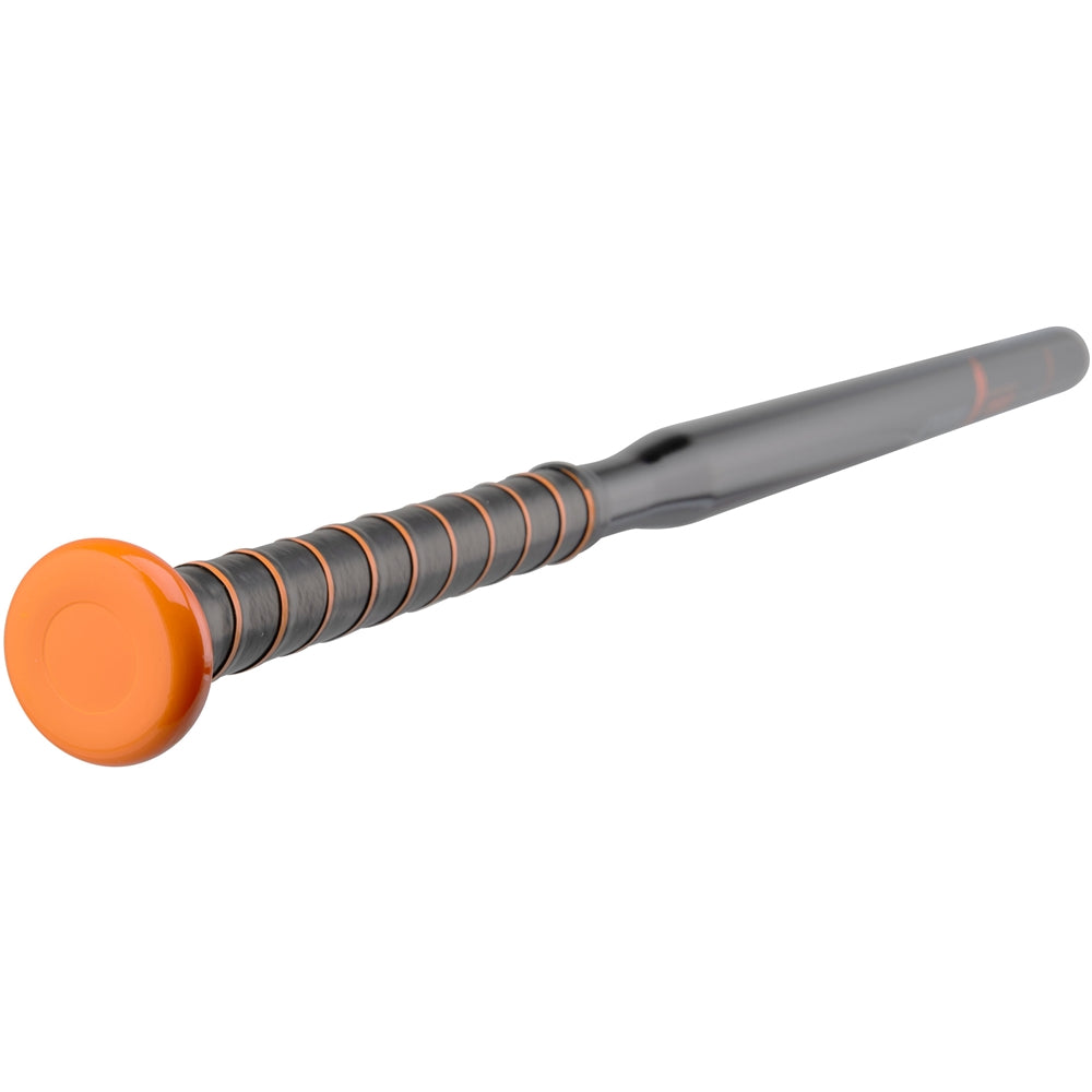 Black Contact Trainer baseball bat with orange accents on a white background