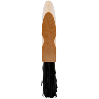 Cleaning brush with wooden handle and black bristles on a white background