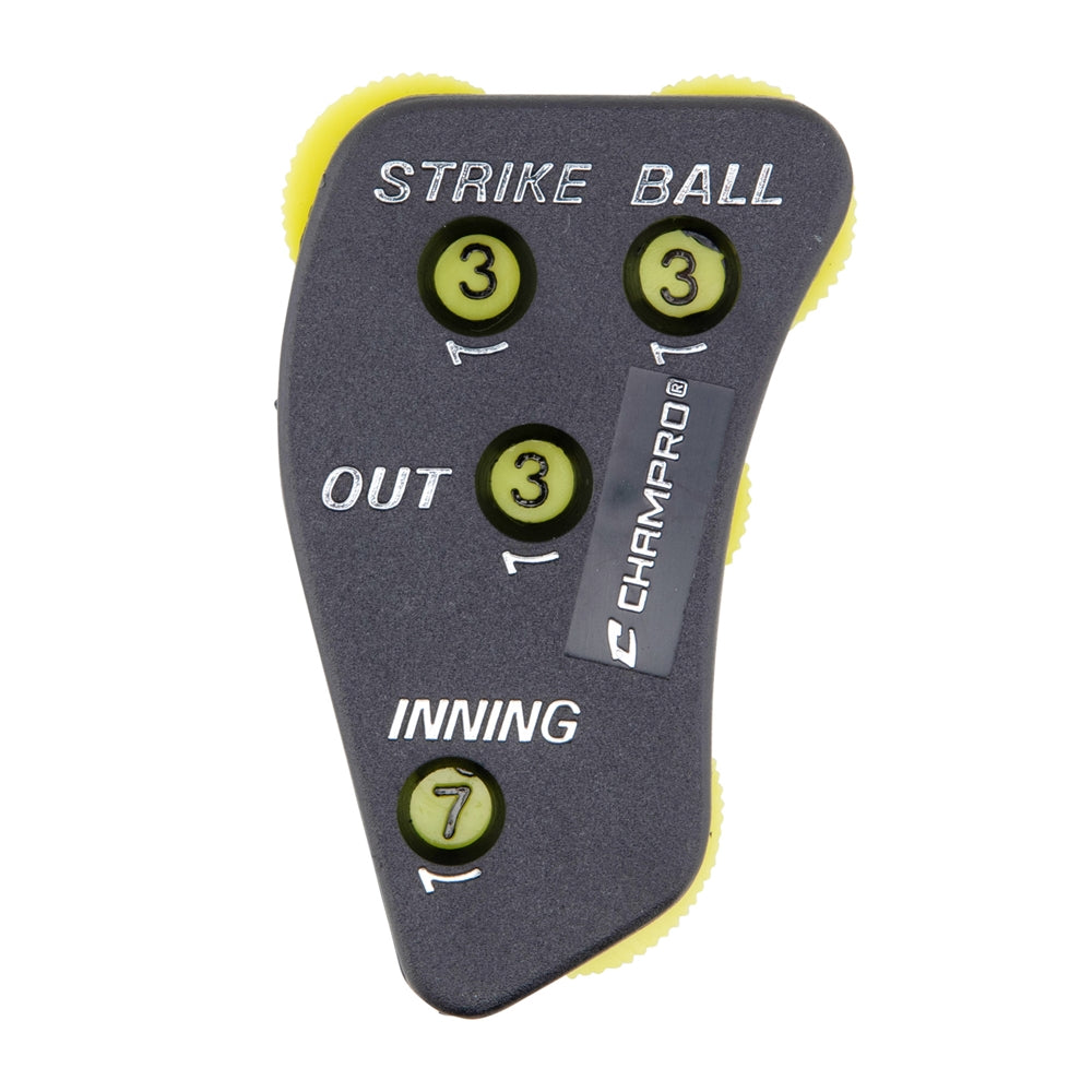 Baseball score indicator with Champro branding, with 'Strike Ball', 'Out', and 'Inning' indicators on a white background