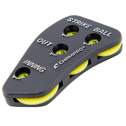 Gray pitching machine counter with yellow balls labeled 'Strike Ball', 'Out', '1 Innings' on a white background.