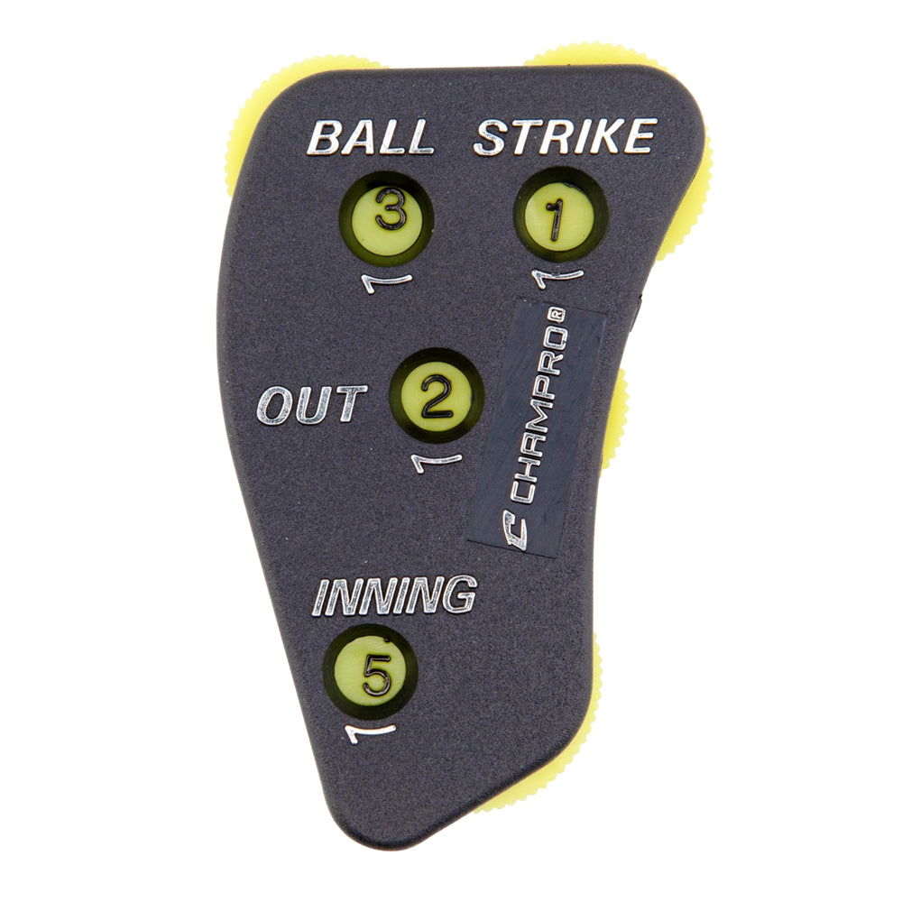 Baseball score indicator with Champro branding, having new configuration, with 'Strike Ball', 'Out', and 'Inning' indicators on a white background