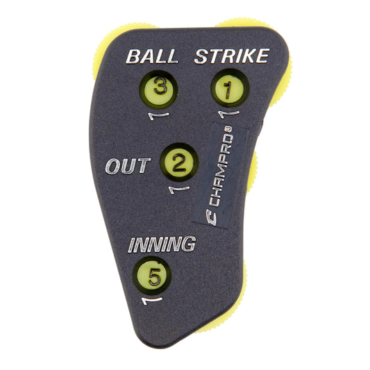 Baseball score indicator with Champro branding, having new configuration, with 'Strike Ball', 'Out', and 'Inning' indicators on a white background