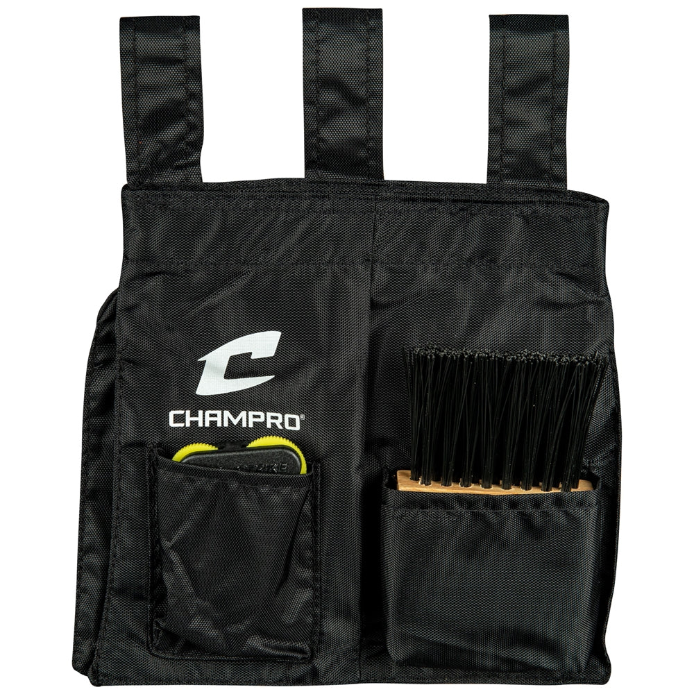 Champro All in one umpire kit in blac color, includes ball bag, Wooden brush, and 4-dial optic yellow indicator on white background