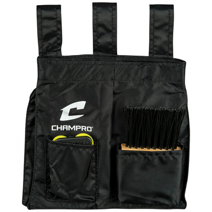 Champro All in one umpire kit in blac color, includes ball bag, Wooden brush, and 4-dial optic yellow indicator on white background