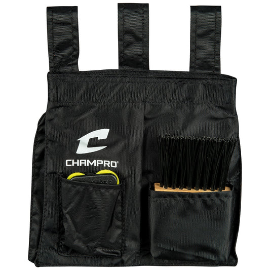 Champro All in one umpire kit in blac color, includes ball bag, Wooden brush, and 4-dial optic yellow indicator on white background