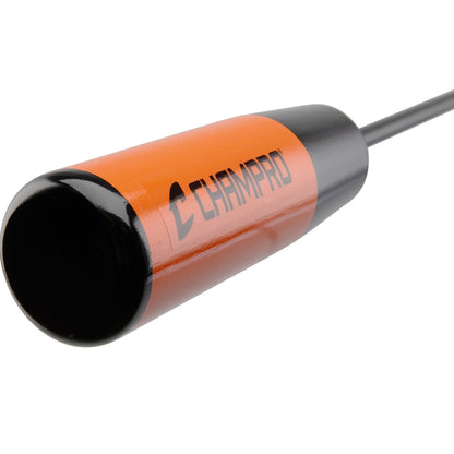 close up of tip of Baseball Bamboo Training Bat in orange and black color with ultra thin middle section with "Champro" branding on it, on white background