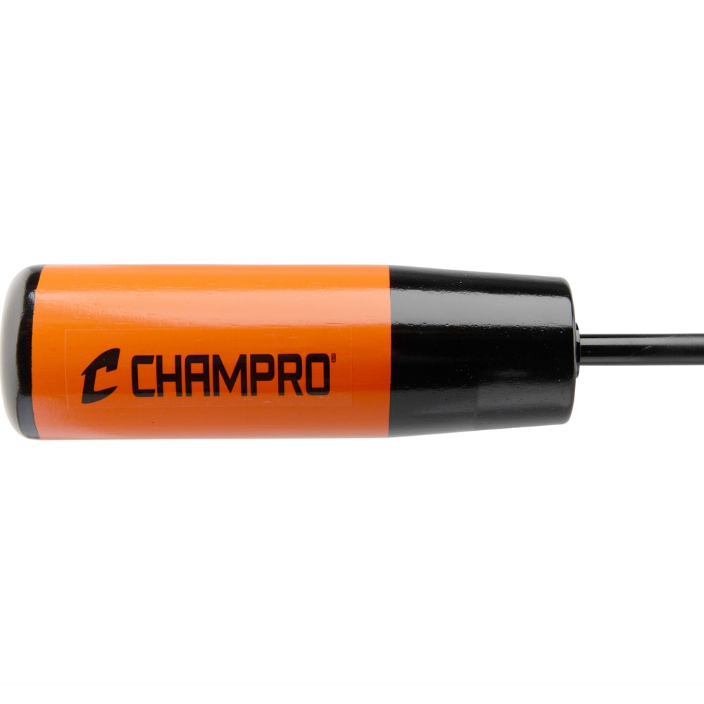 close of Baseball Bamboo Training Bat in orange and black color with ultra thin middle section with "Champro" branding on it, on white background