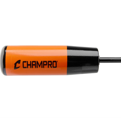 close of Baseball Bamboo Training Bat in orange and black color with ultra thin middle section with "Champro" branding on it, on white background