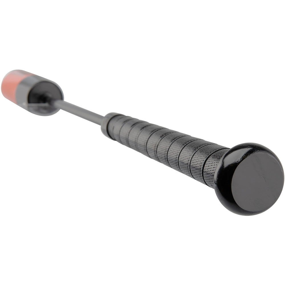 close up of Baseball Bamboo Training Bat handle, in orange and black color with ultra thin middle section with "Champro" branding on it, on white background