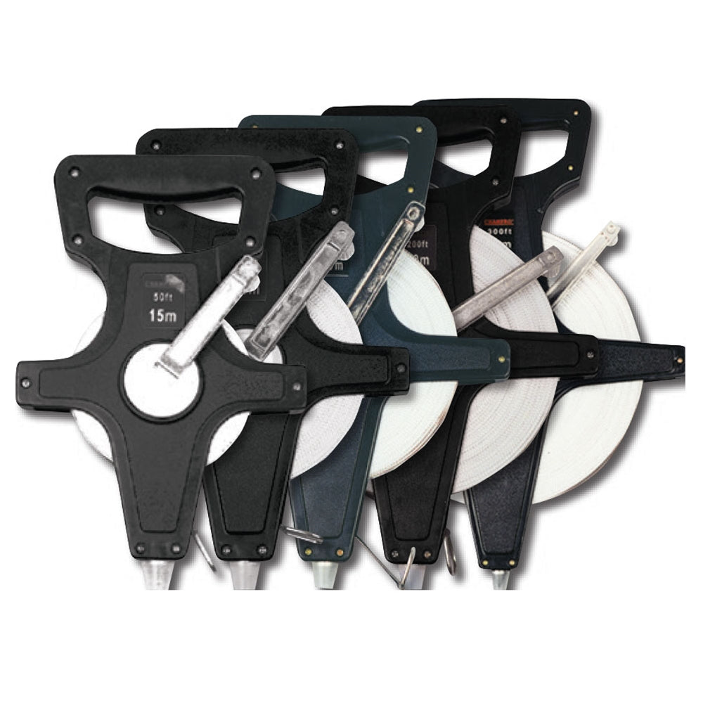 Set of black Tape Measures Open Reel on a white background