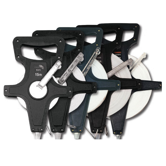 Set of black Tape Measures Open Reel on a white background