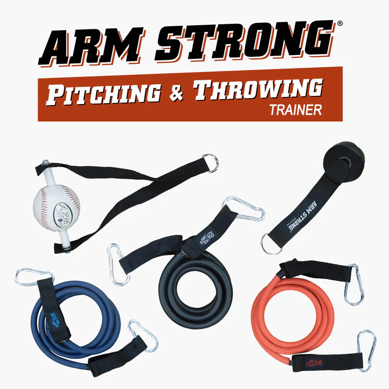 Arm Strong pitching and throwing trainer with resistance bands on a white background