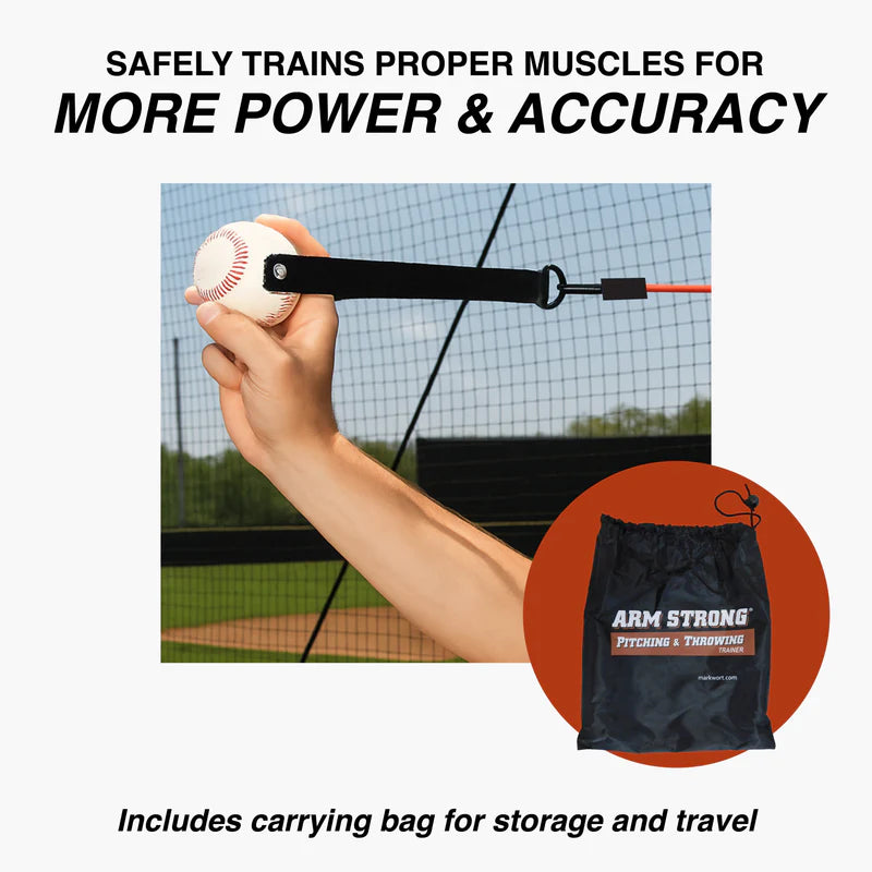Hand holding a baseball with a Arm Strong Pitching & Throwing Trainer, set against a background of a baseball field. Includes text about training muscles for power and accuracy, and a carrying bag is shown.