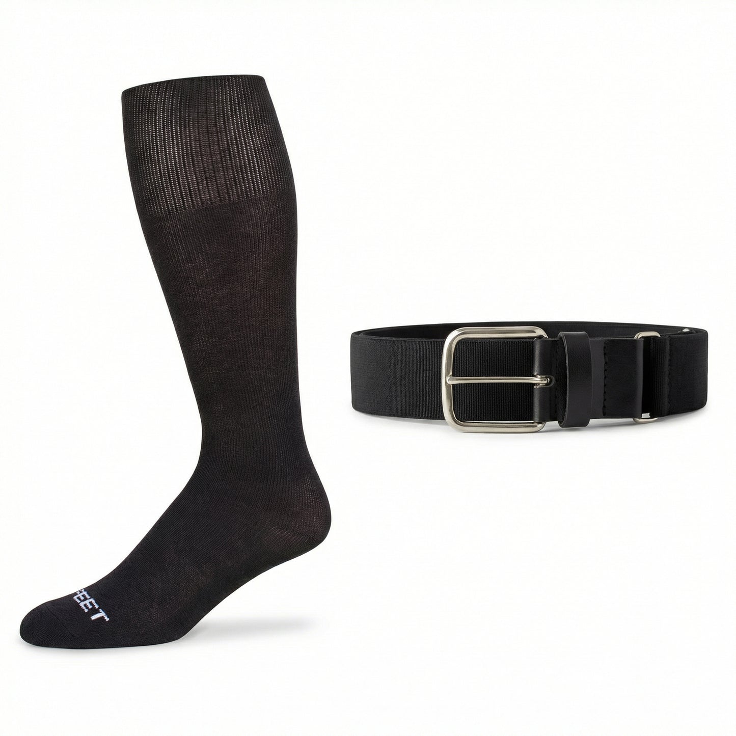 Black knee-high  baseball and all sports sock and black belt with silver buckle on a white background
