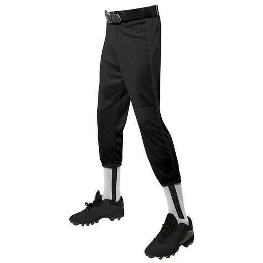 Black softball Champro Performance Pull-Up Baseball Pant With Belt Loops Youth with black cleats on a white background