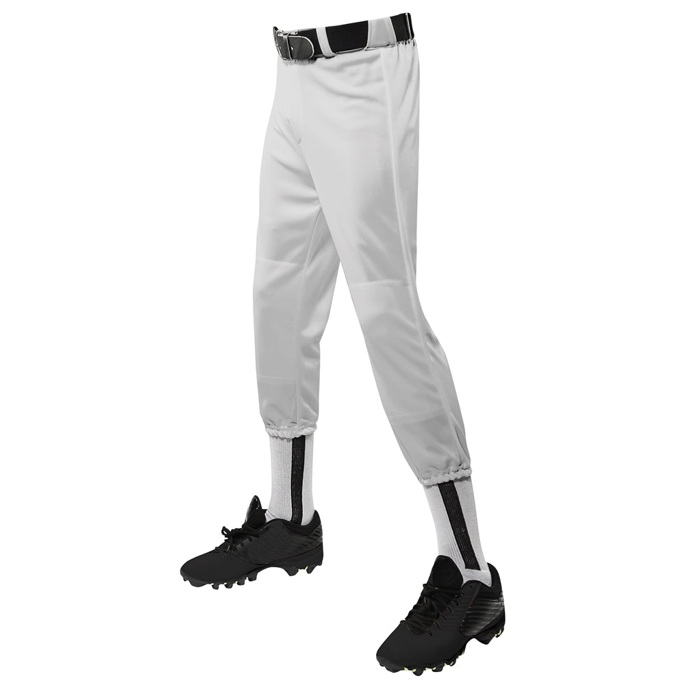 Gray softball Champro Performance Pull-Up Baseball Pant With Belt Loops Youth with black cleats on a white background
