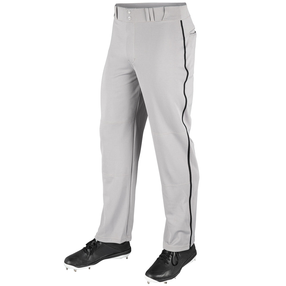 Gray Mvp Open Bottom Baseball Pant with braid with a black stripe on a white background