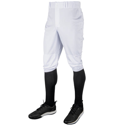 White baseball Champro MVP Knicker pants with black socks and shoes on a white background