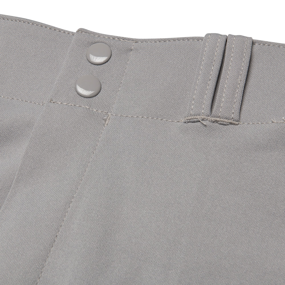 Close-up of gray Champro MVP Knicker pants with buttons and a belt buckle.