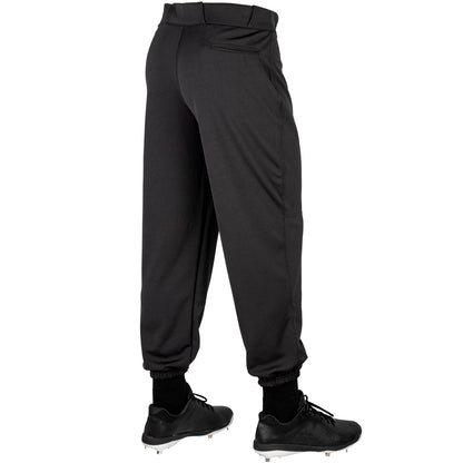 Black MVP Classic baseball pants back view worn with cleats on a white background