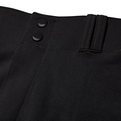 Close-up of black MVP Classic baseball pants with buttons on white background