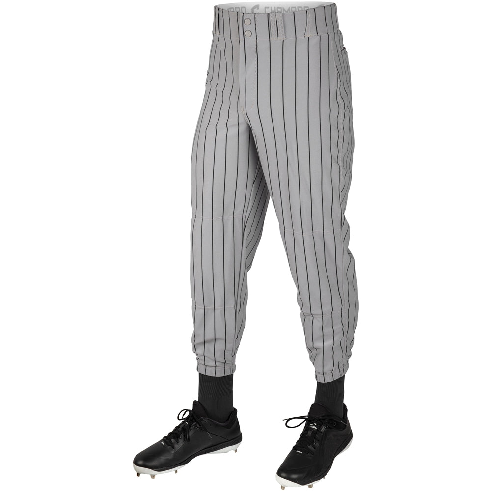 Gray Champro Triple Crown Pinstripe baseball pants with black cleats on a white background