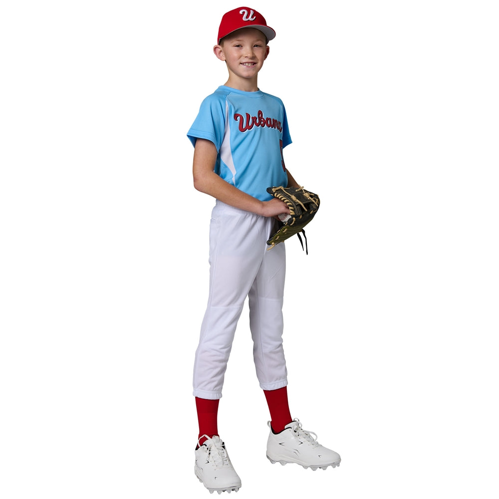 Child in a baseball uniform wearing Champro Cycle Pull Up holding a glove on a white background
