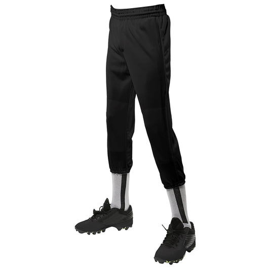 Black Champro Value Pull-Up Pant FOR Youth pants with black cleats on a white background