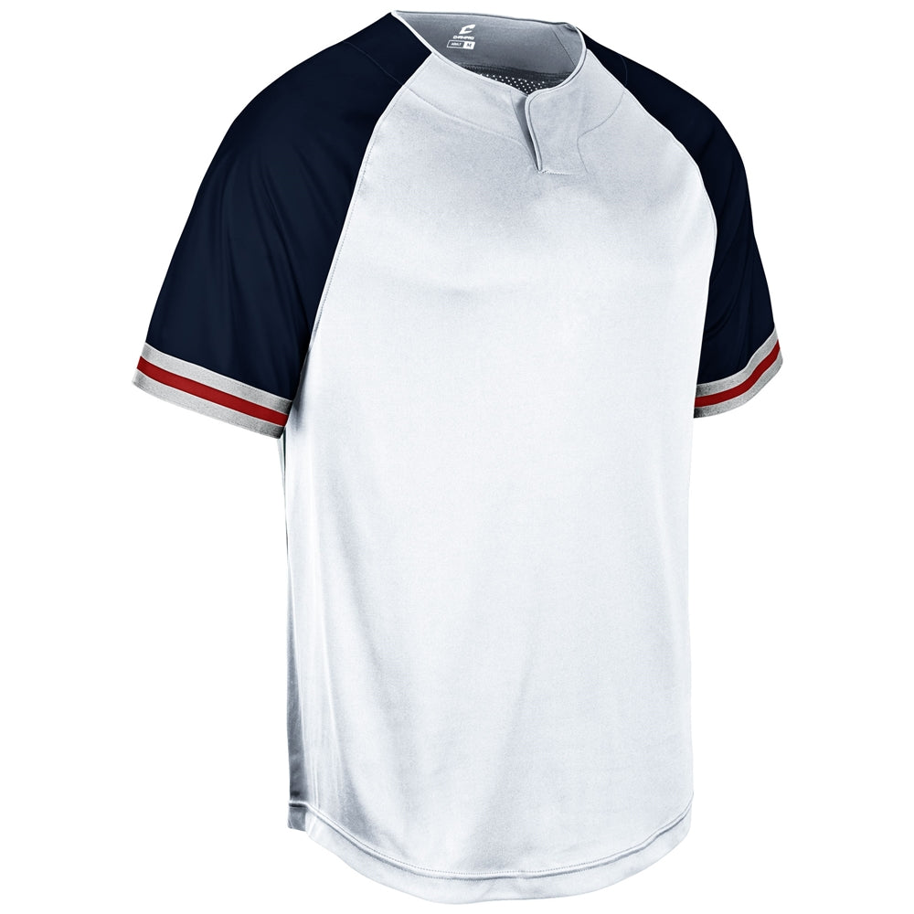 Champro Show 2 Button youth Jersey in white, navy and scarlet color pattern on a white background