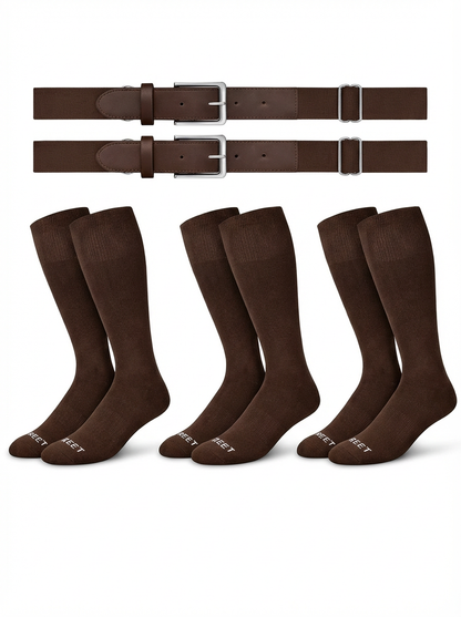 Two belts and three pairs of The sock and belt in brown color on a white background
