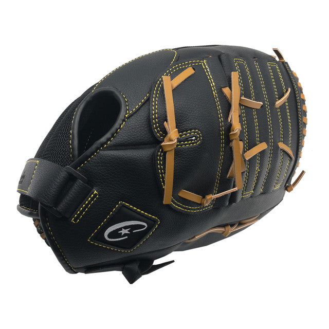 Black baseball Champion CBG960 14" Physical Education Fielder's Glove with yellow stitching on a white background
