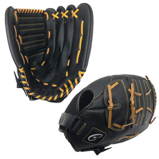 Black baseball Champion CBG960 14" Physical Education Fielder's Glove with yellow stitching on a white background