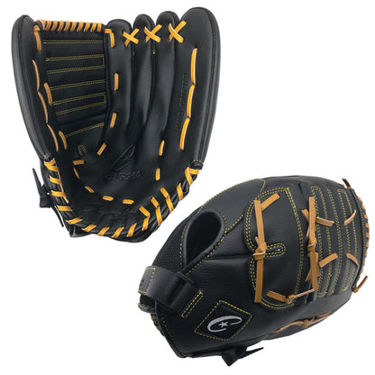 Black baseball Champion CBG960 14" Physical Education Fielder's Glove with yellow stitching on a white background