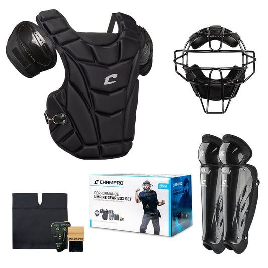 COLLECTION OF Umpire Gear Box Set including Protective adult mask with interior guard, leg protection, Professional-grade wood umpire brush, Integrated 4-dial indicator for precise ball and strike calls and professional umpire ball bag for organized storage on white background