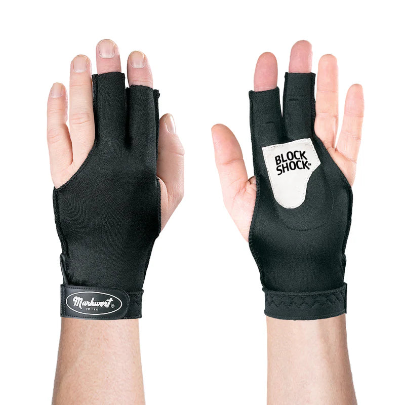 person's hand wearing Markwort Blockshock Absorbing Glove for adult on white background