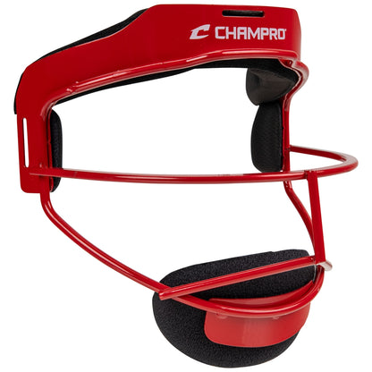 Red baseball fielder face mask with black straps on a white background, featuring the Champro logo