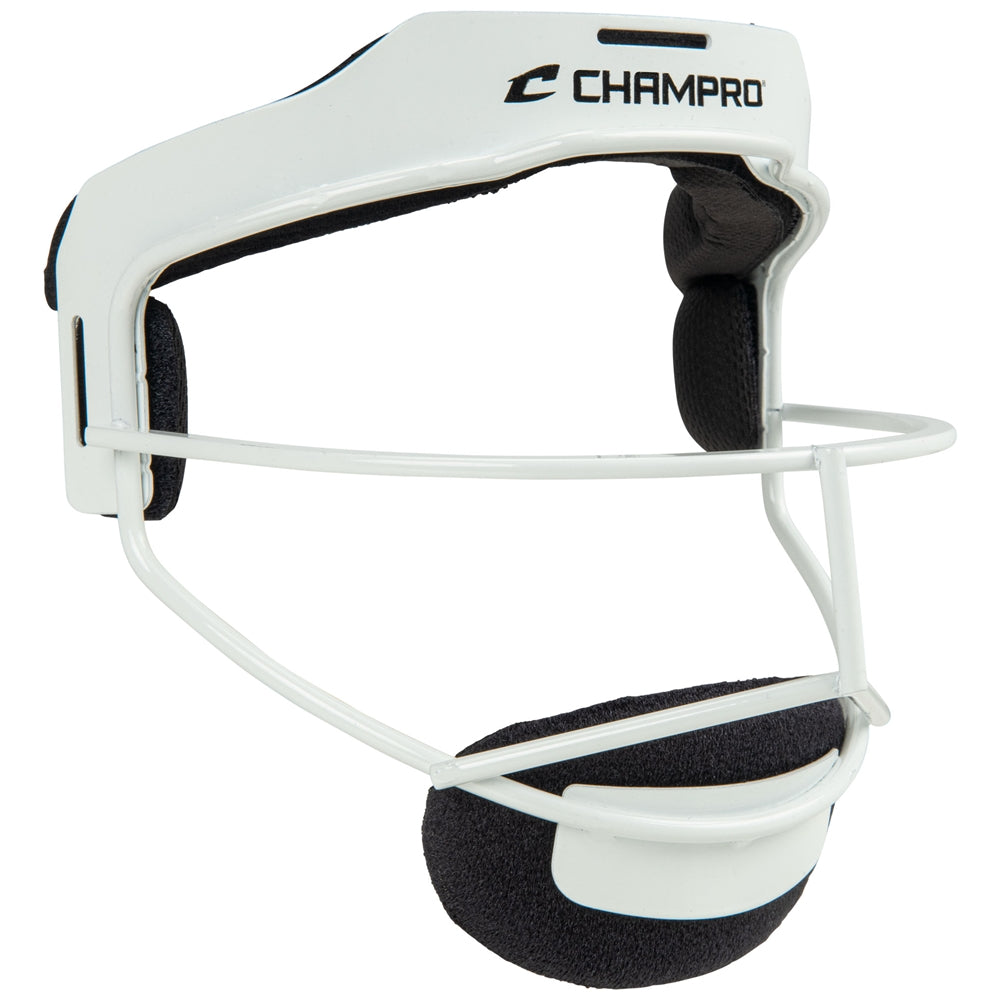 Sentry Fielder's Facemask with branding Champro on it, side view  in white color on white background