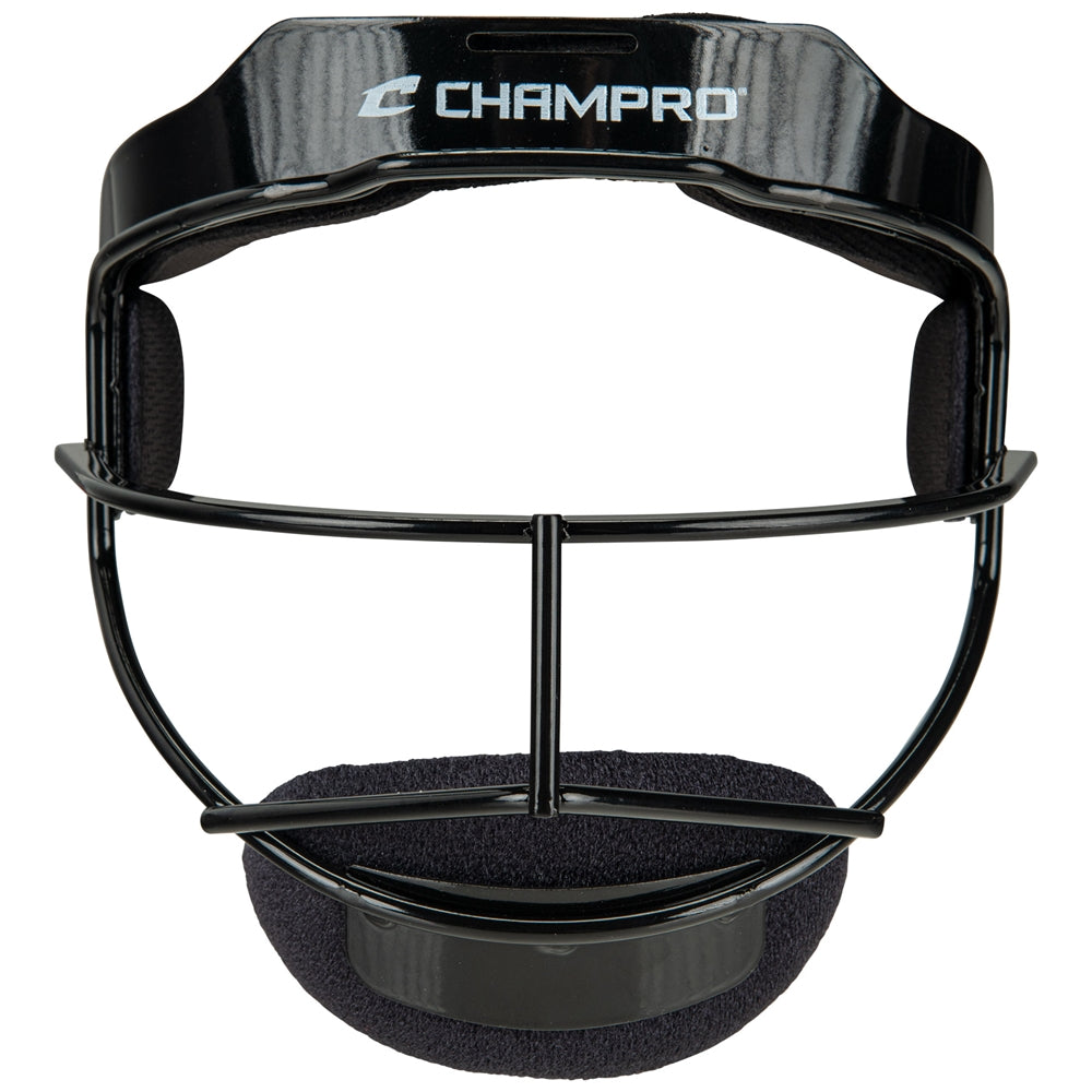 Sentry Fielder's Facemask with branding Champro on it,front view  in black color on white background