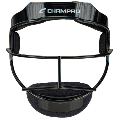 Sentry Fielder's Facemask with branding Champro on it,front view  in black color on white background