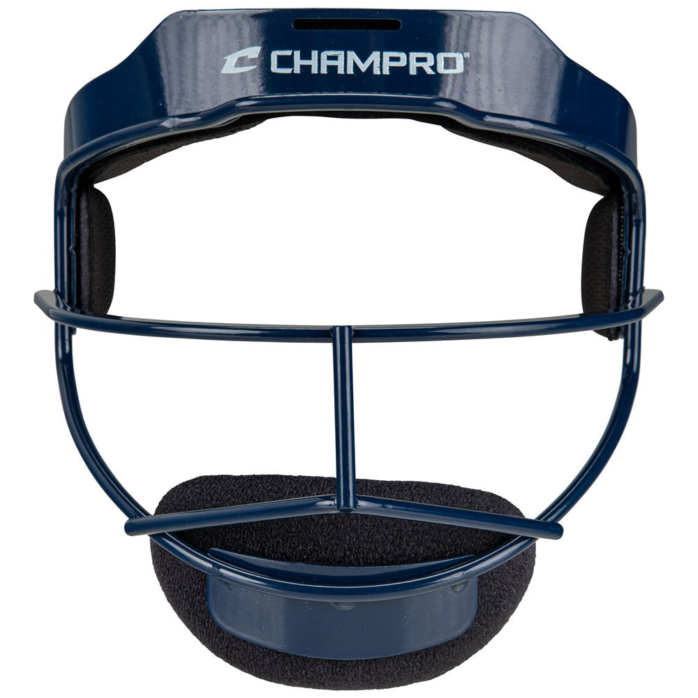 Navy blue baseball fielder face mask with 'Champro' branding on a white background