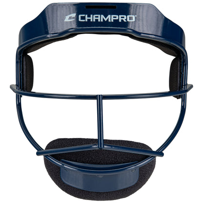 Navy blue baseball fielder face mask with 'Champro' branding on a white background