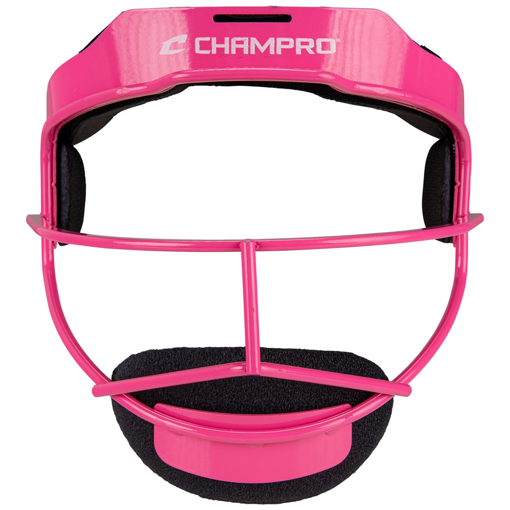 Pink baseball fielder face mask with 'Champro' branding on a white background
